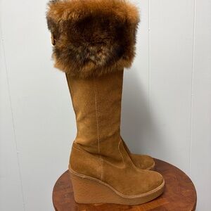 UGG Tan Heeled Boots with Fur Trim